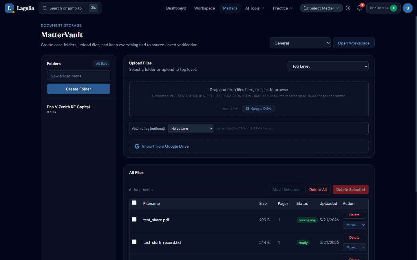 Document management and review workspace with folders and tagging