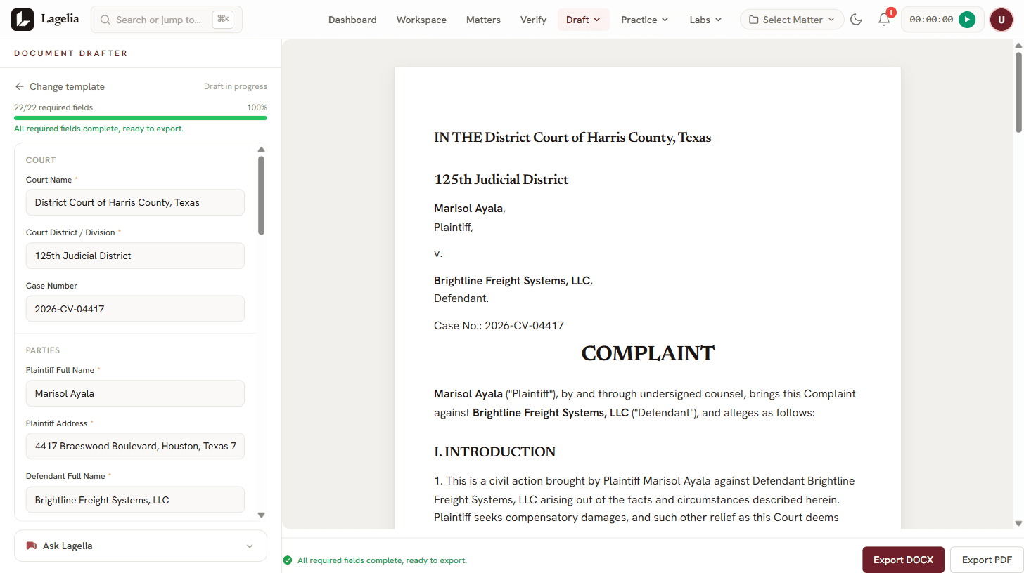 Split-pane drafting view with the matter chat beside a document building in real time