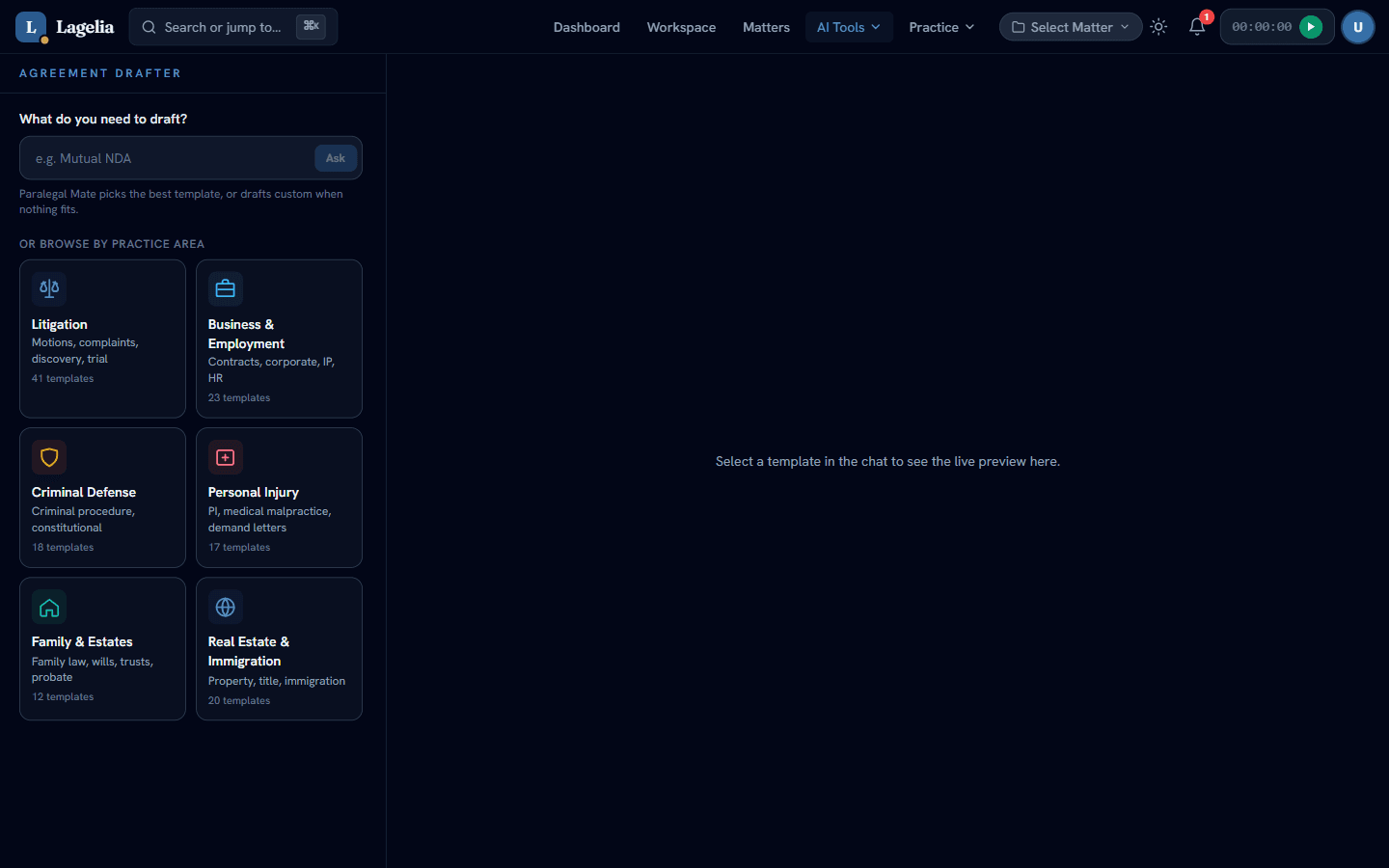 Agentic drafting workspace with template library and live document preview