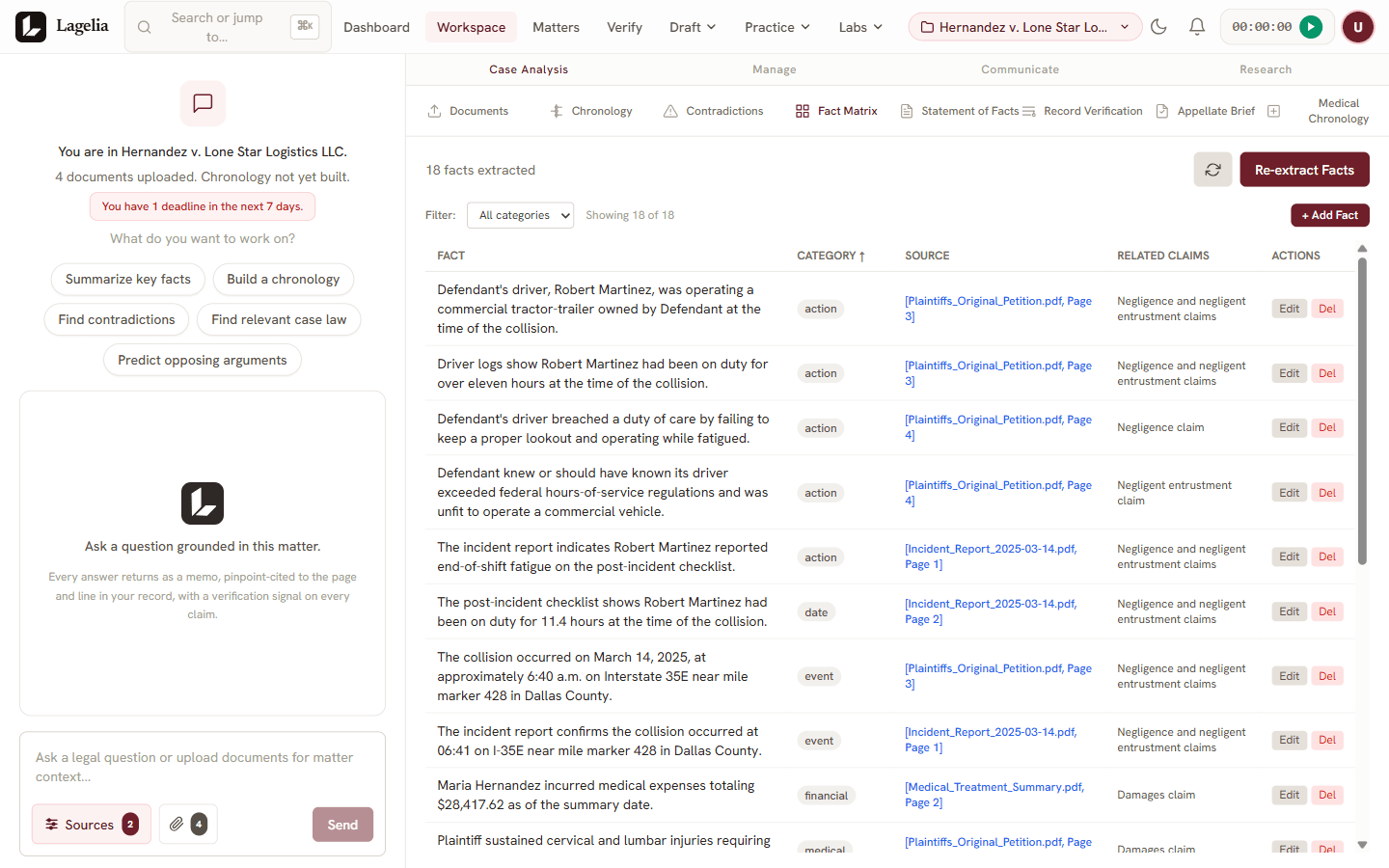 Editable fact matrix with source-cited facts extracted from case documents