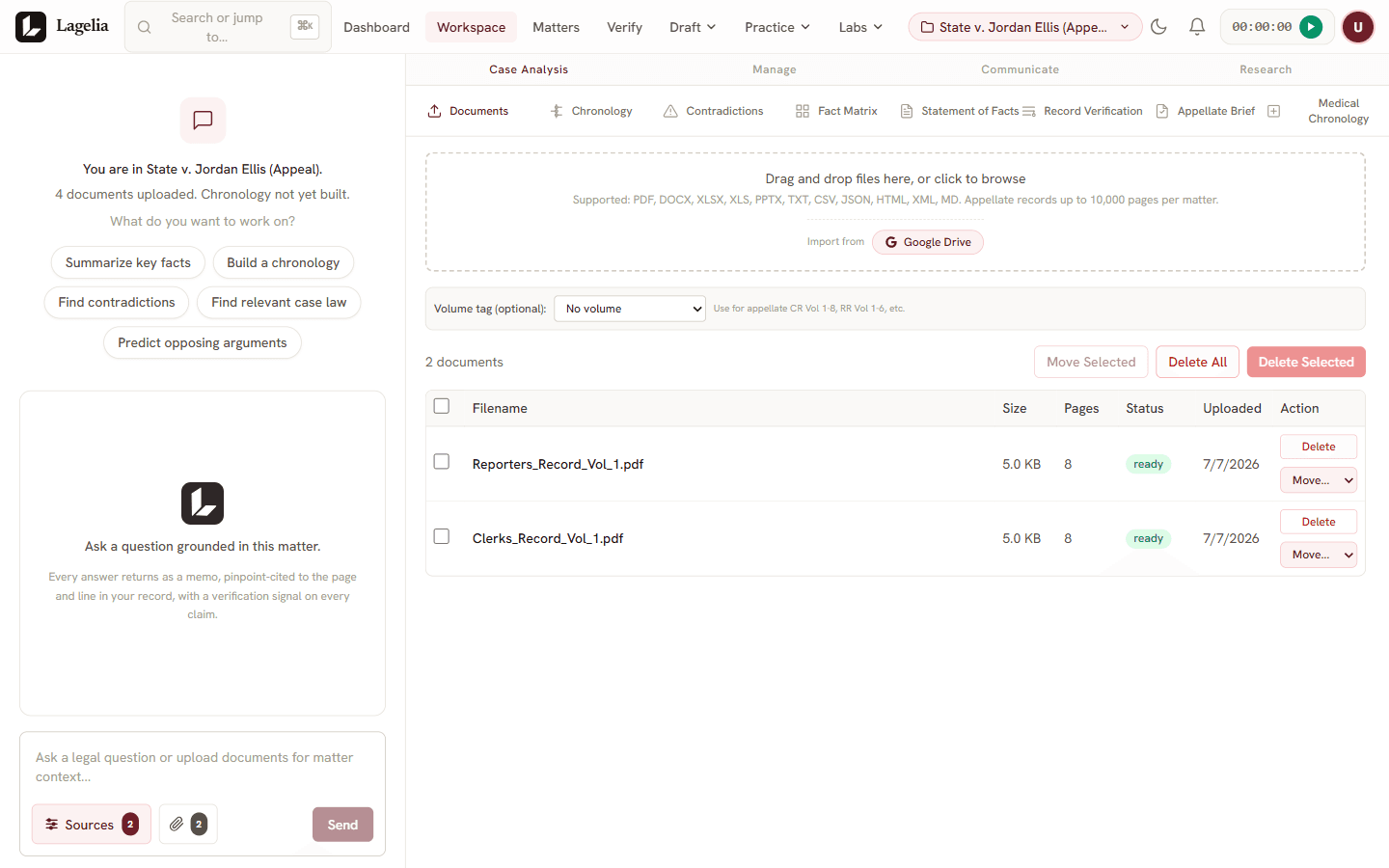 Appellate brief workspace with issue spotting and record citations