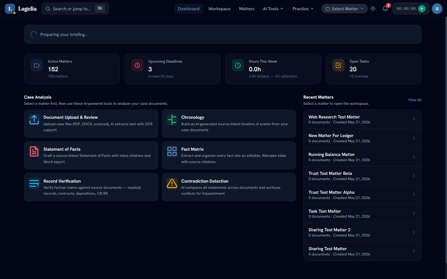 Lagelia workspace with matters, deadlines, and case tools