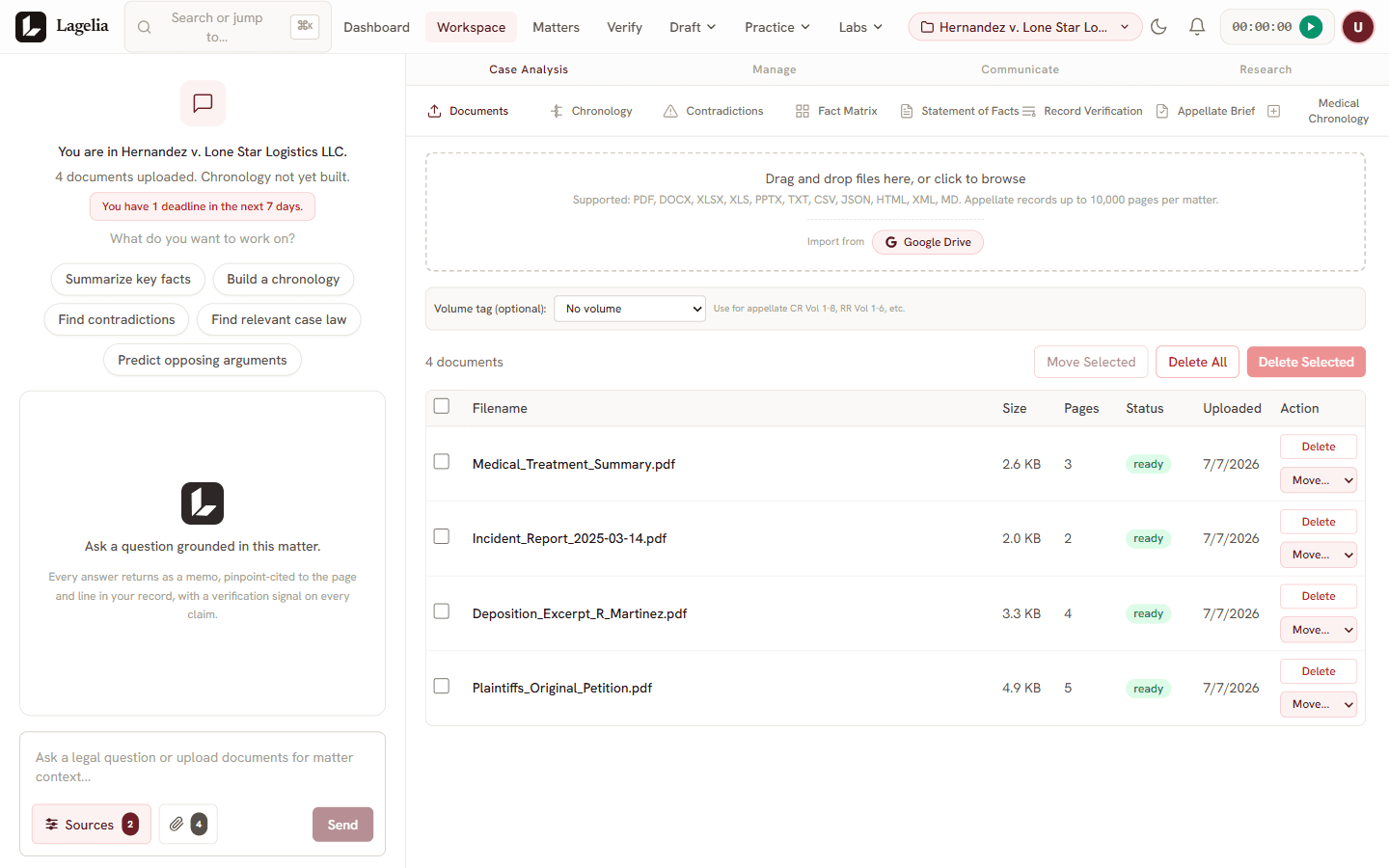 Matter workspace with documents, deadlines, and case tools in one place